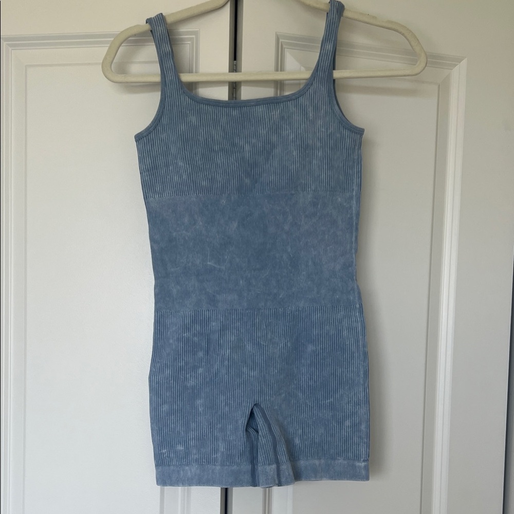Blue Ribbed Activewear One-Piece Romper